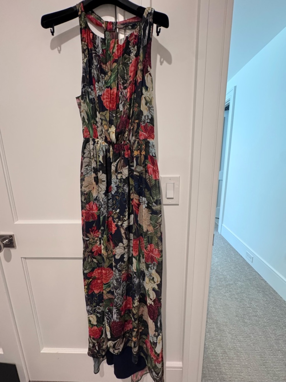 Alice + Olivia Floral Maxi Dress in Navy with Red & Green Blooms. Size small